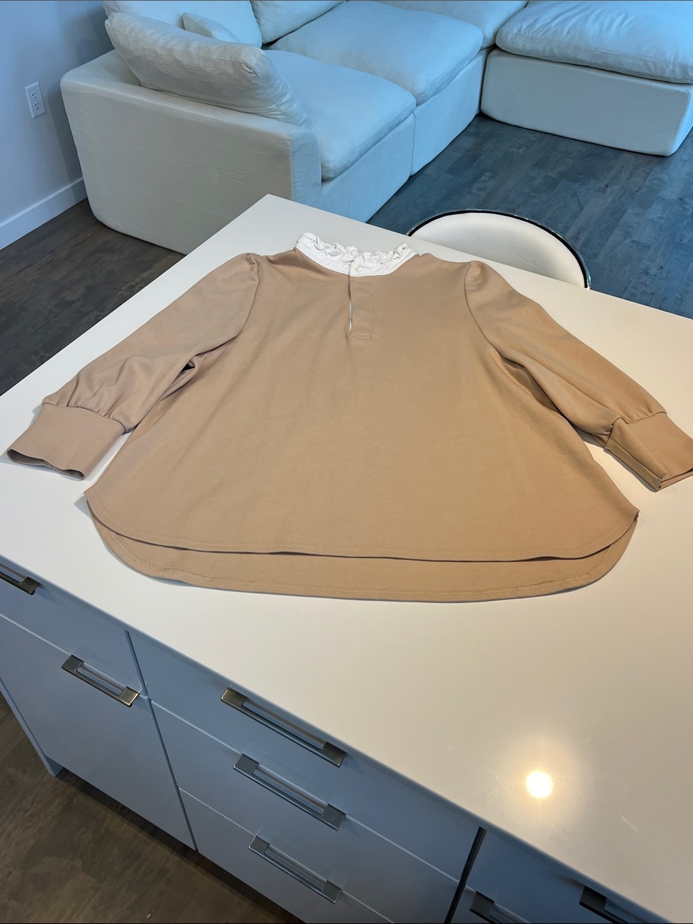Pomander Place Charlotte tan long sleeve top shirt with ruffled white collar XXL